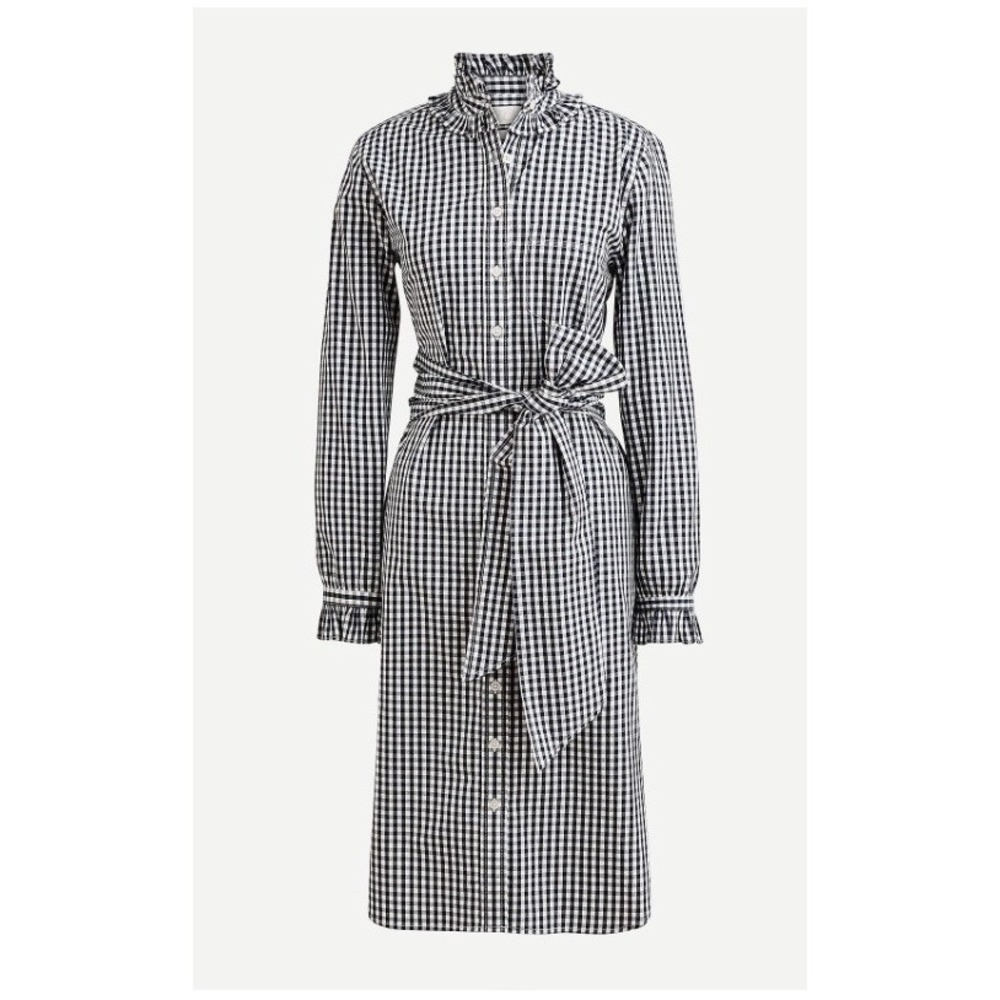 J. Crew Classic-fit ruffleneck shirtdress Sz 4P New Navy White Gingham Button